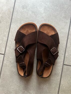 Camper Brown Suede Cross-Strap Buckle Sandals